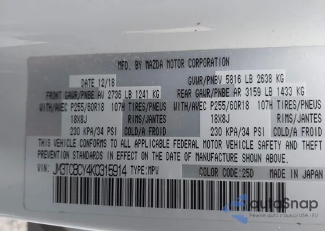 2019 Mazda Cx-9 Touring from USA, damaged, VIN JM3TCBCY4K0315914